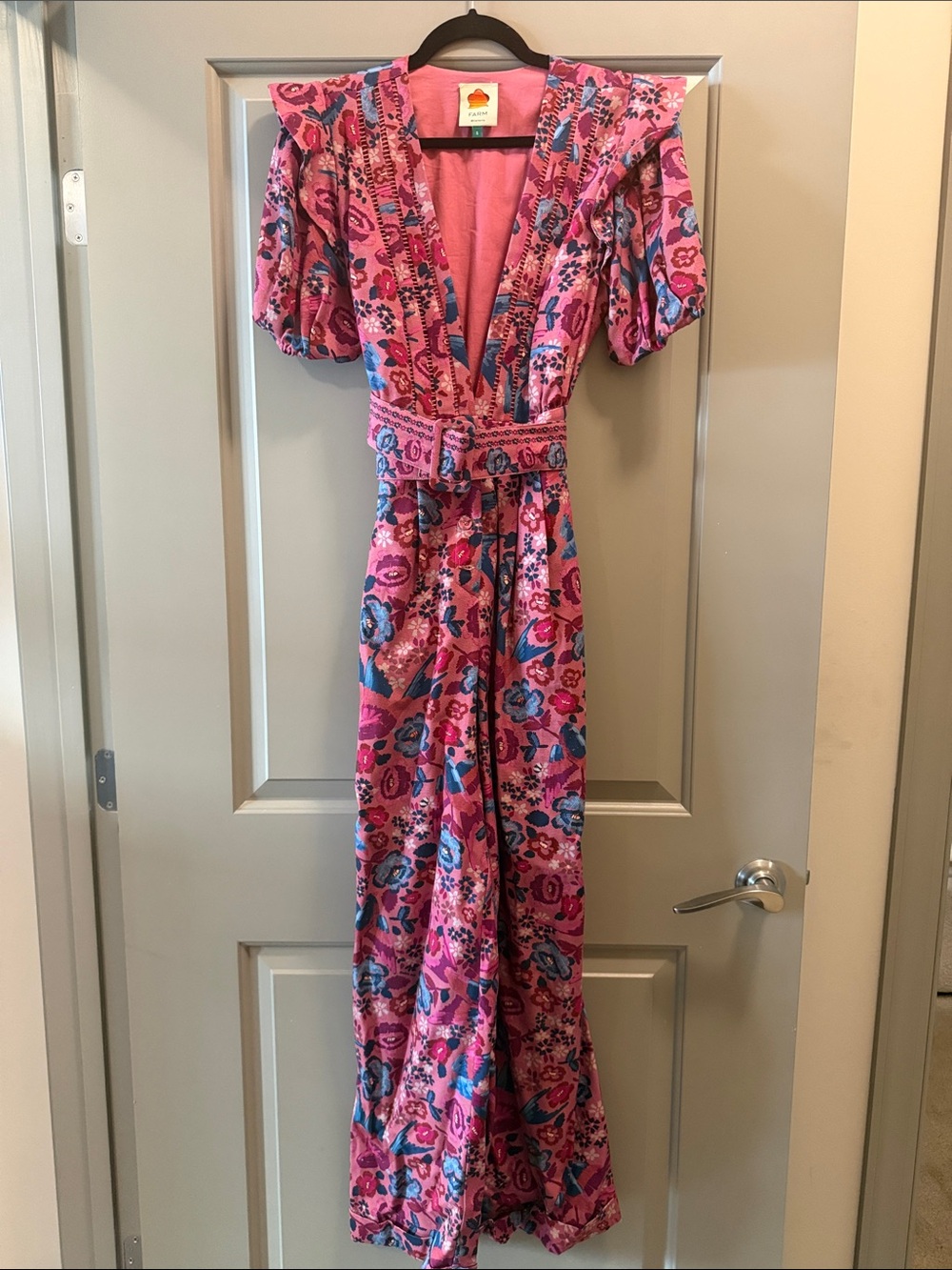 FARM Rio Pink Floral Print Maxi Dress with Puff Sleeves Worn Once
